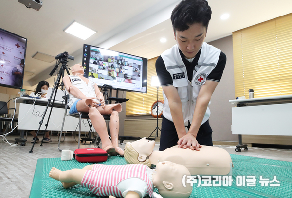 대한적십자사 경기지사가 어린이 이용시설 종사자 온라인 안전교육을 실시한 9일 오후 경기도 수원시 권선구 대한적십자사 경기도지사에서 응급처치안전강사가 어린이 이용시설 종사자들에게 응급처치 방법과 심폐소생술 등을 온라인으로 교육하고 있다. 2021.09.09.