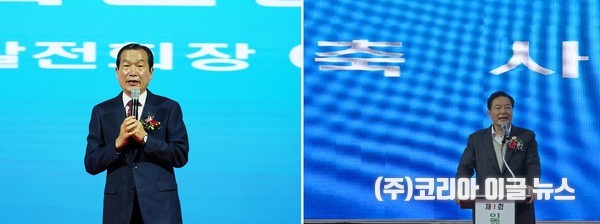 왼쪽/ 이상철회장이 기념사를 하고 있다.  오른쪽/황기철 전)해군참모총장/민주당진해지구당 위원장이 축사를 하고 있다.