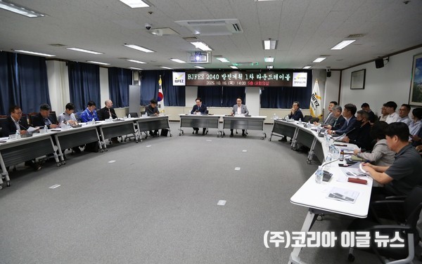 지난 16일 BJFEZ2040 발전계획 1차라운드테이블이 열린 가운데 박청장은 기업인교수등외부위원과 함께 미래경쟁력강화를 위해 실행과제를 심층적으로 논의했다.  (사진/제공=부산진해경제자유구역청)