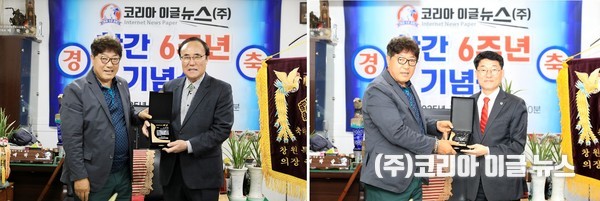 왼쪽/ 환경부문 경상남도환경재단 대표이사 정판용이사가 언론공로봉사대상패를 수여받고있다. 오른쪽/ 정치부문 경상남도의회 김순택 의원이 언론공로봉사대상패를 수여받고있다.     (사진/제공=이종우 기자)