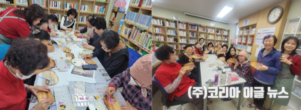 진해자은3주공 작은도서관 어르신 수강생분들이 나무찻잔받침에 그림그리기 수업을 하고 있다.