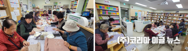 진해자은3주공 작은도서관 어르신 수강생분들이 스카프에 그림 그리는 수업을 하고 있다.